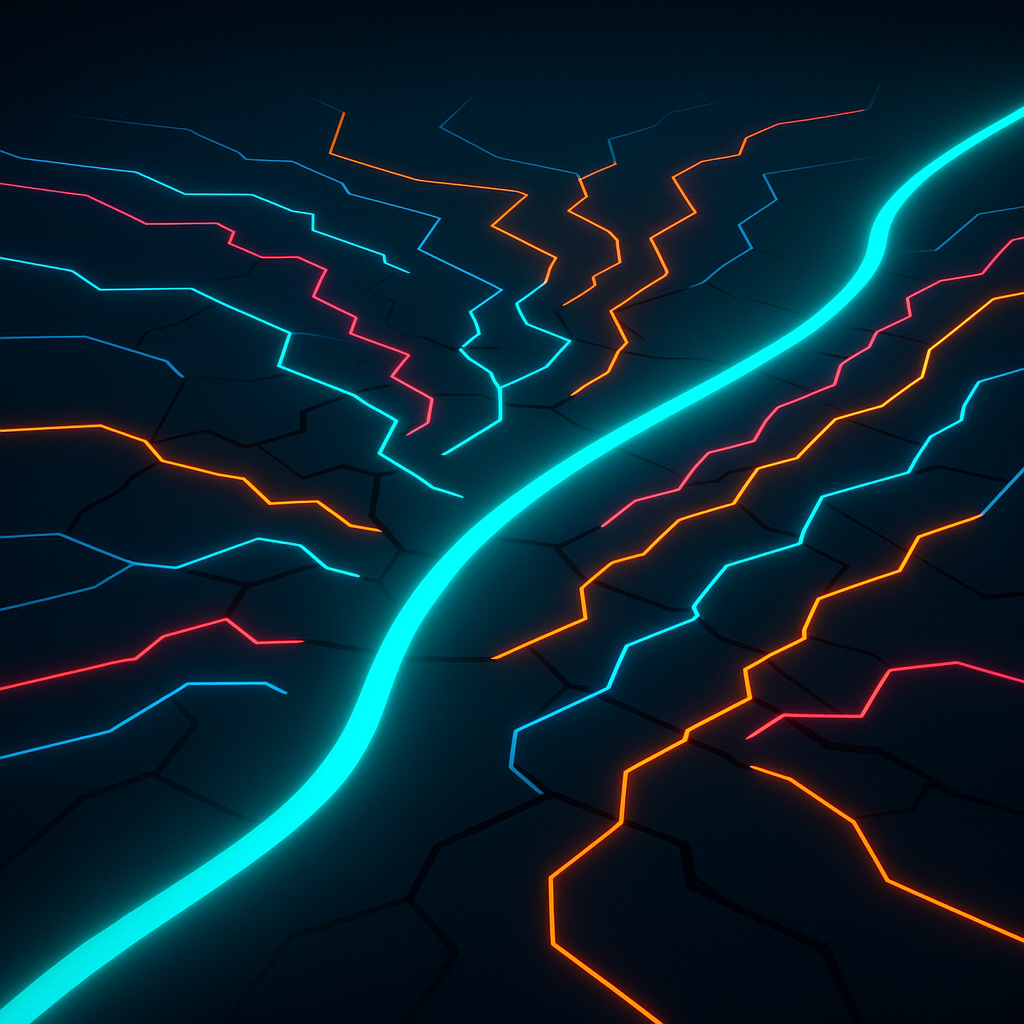 data streams navigating broken processes and silos. One clear path symbolizes aligned people, process, and technology for successful AI adoption in marketing operations.