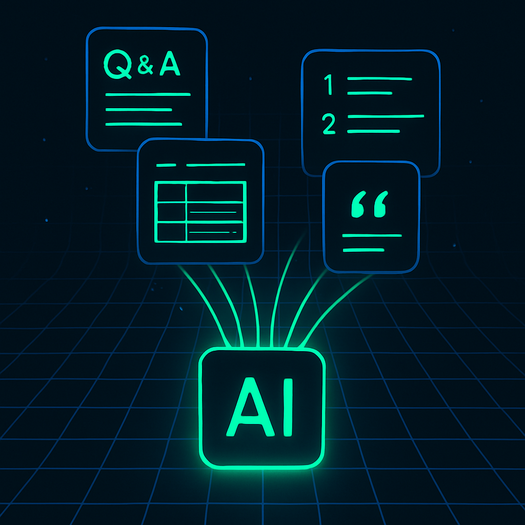 Q&A blocks and data tables are extracted into AI-generated answer interfaces
